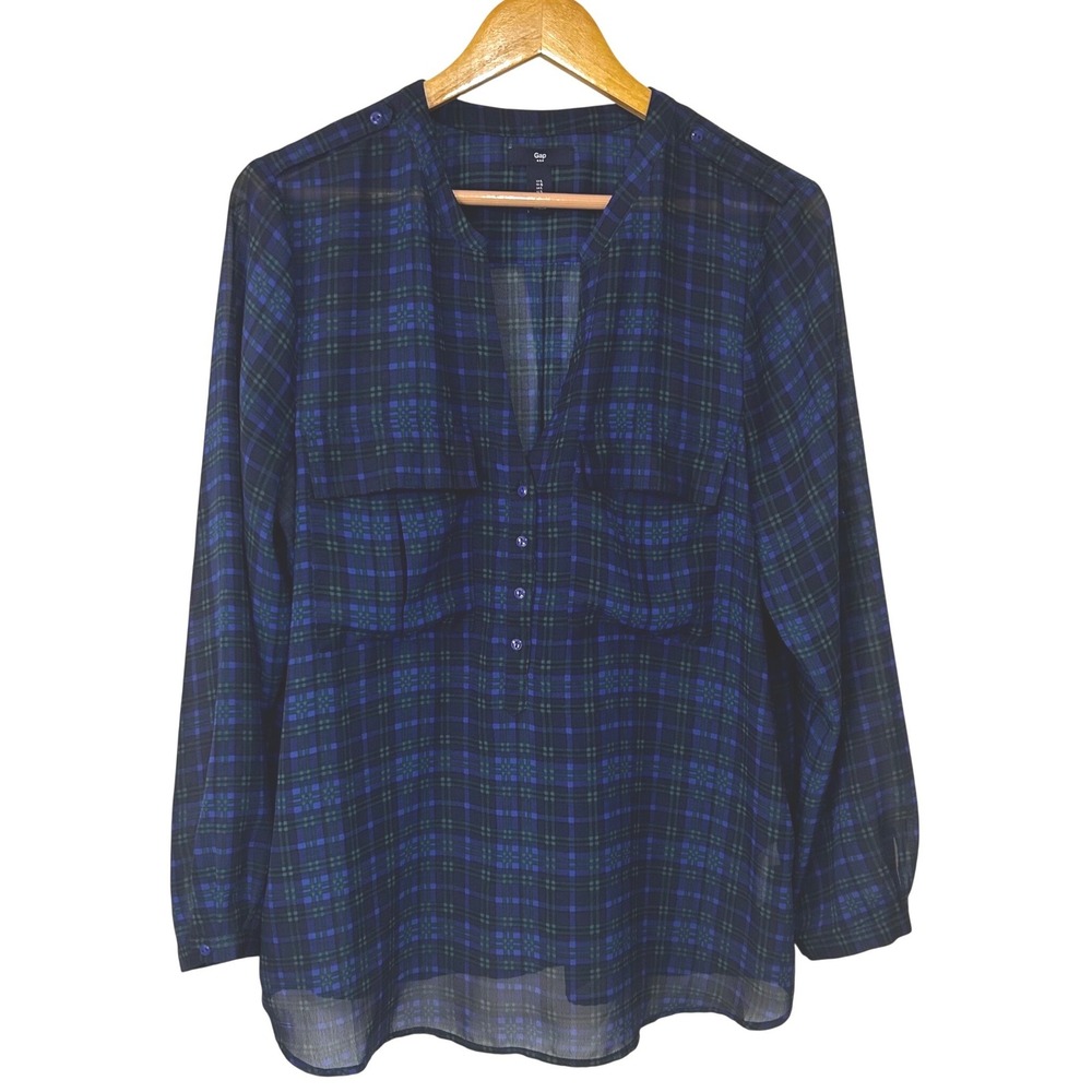 Gap Women's L Blue Green Plaid Long Sleeve Button Front Blouse Top Officecore